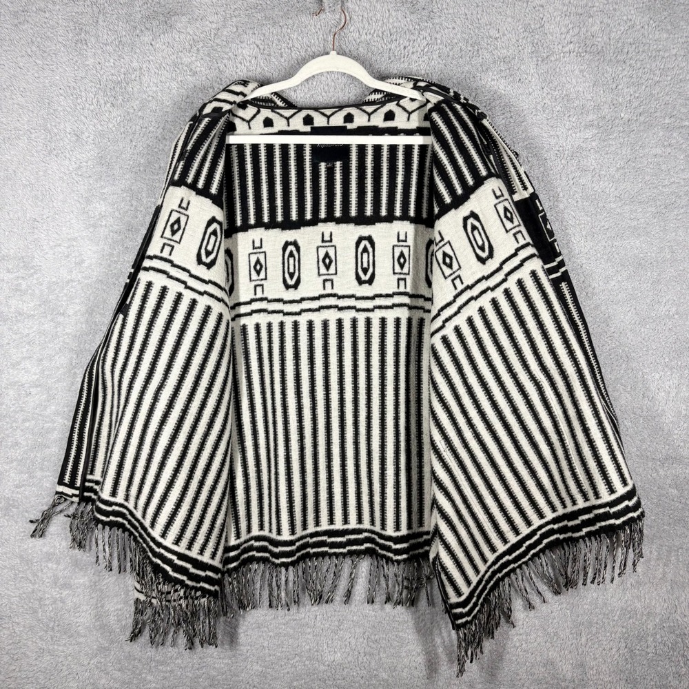 Madewell Hooded Poncho Blanket Jacket Sz L Black White Stripe Wool Blend Fringe - Picture 4 of 8
